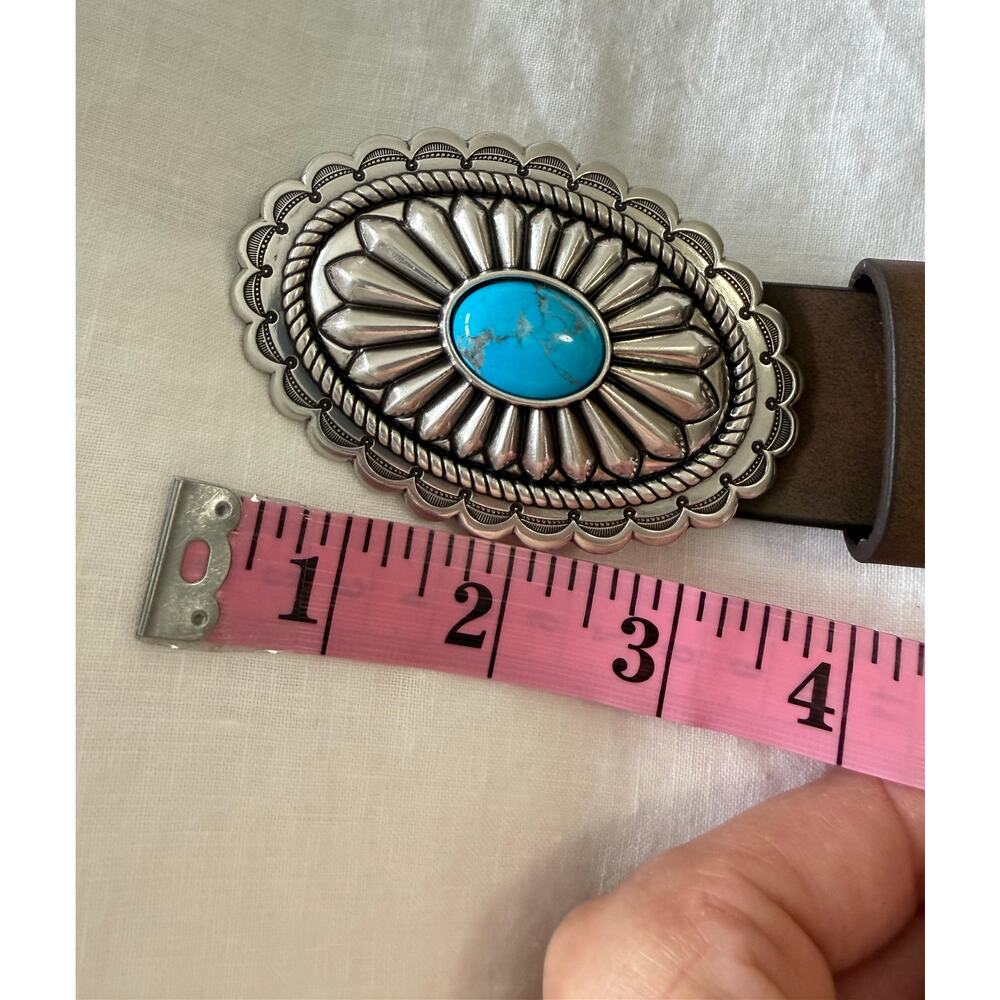 ARIAT | Women's M | Brown Leather Belt Silver Oval Buckle Faux Turquoise EUC - Picture 8 of 10